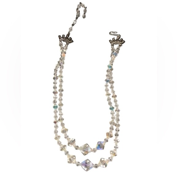 Vintage 1950s-60s Double Strand Aurora Borealis Crystal Necklace Rhinestone Glam - Picture 2 of 4